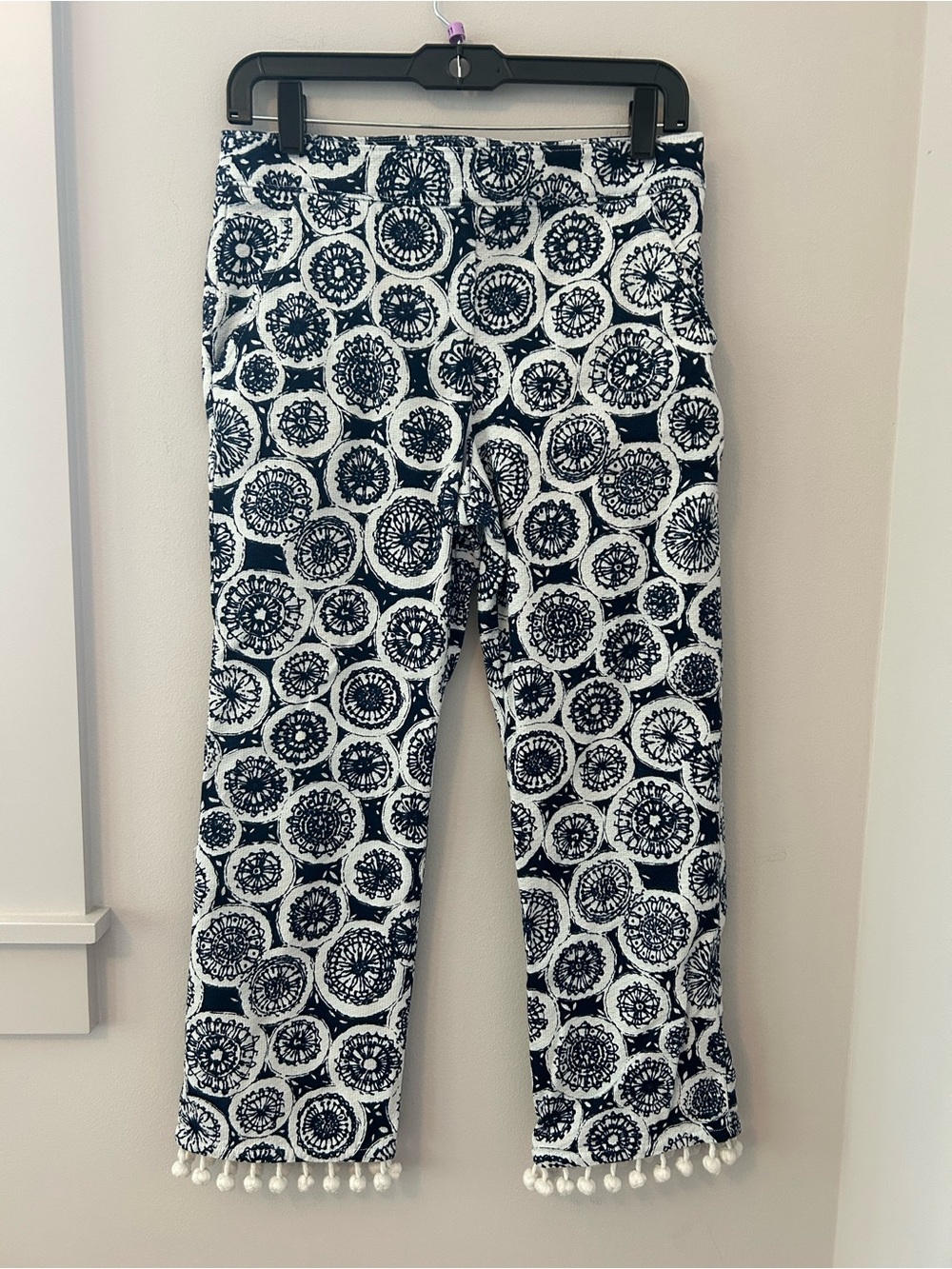 Trina Turk Navy and White Printed Cropped Pants with Pom-Pom Hem Women’s Size 4